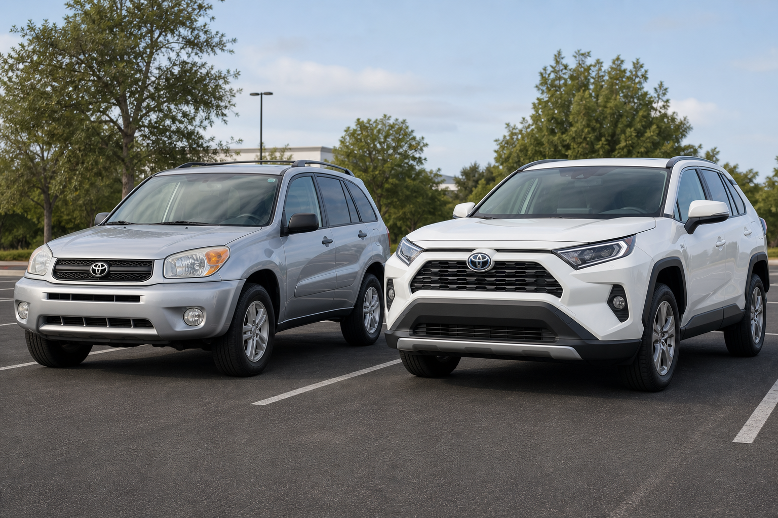 Comparison of two different Toyota RAV4 model year generations parked side by side