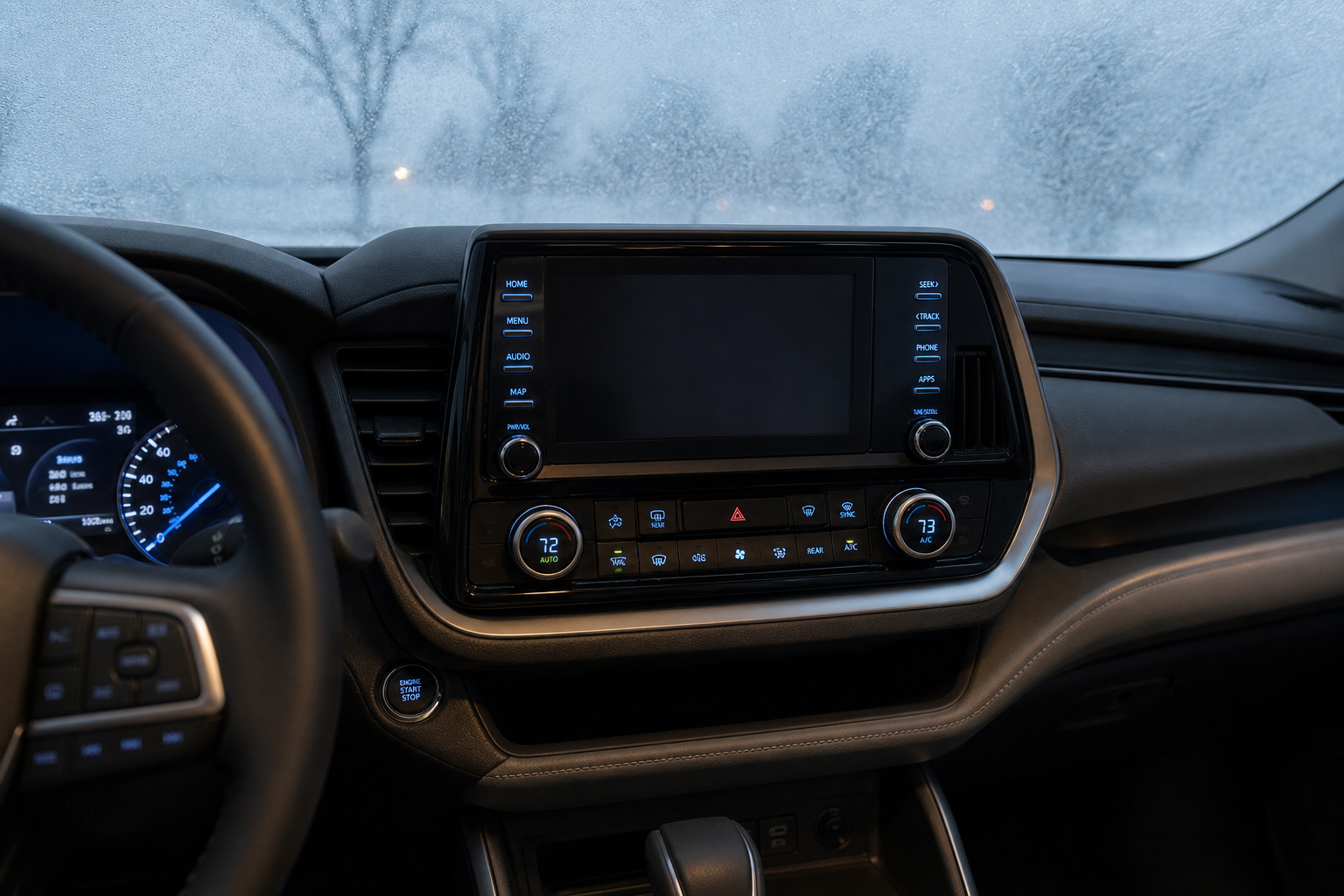 Toyota Highlander dashboard climate controls with frosty windshield in cold weather