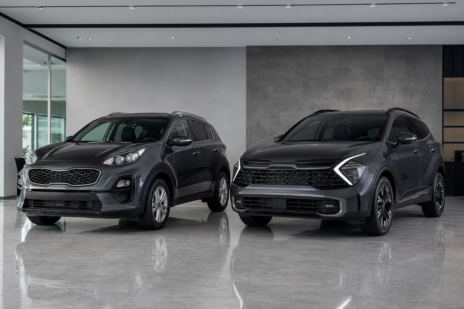 Two different model year Kia Sportage SUVs shown side by side highlighting design differences