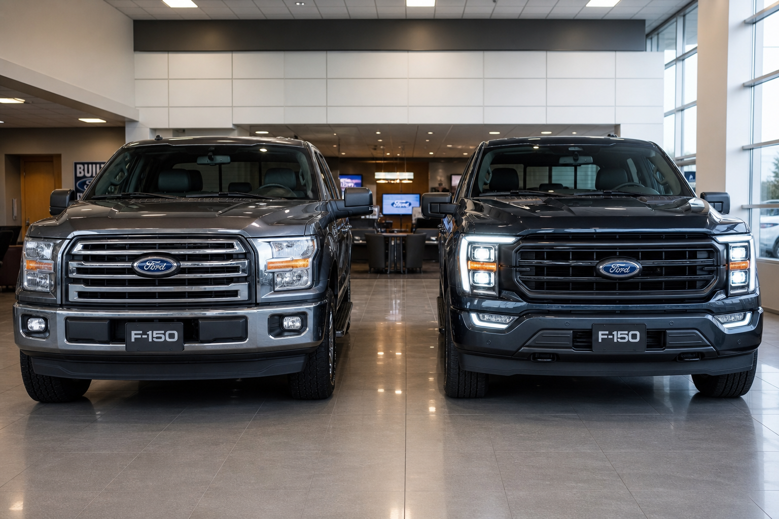 Comparison of different Ford F-150 model year truck designs and headlights