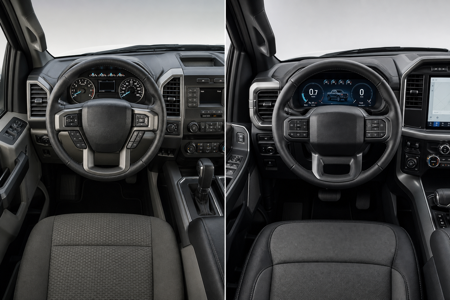 Comparison of older and newer Ford F-150 dashboard designs across model years