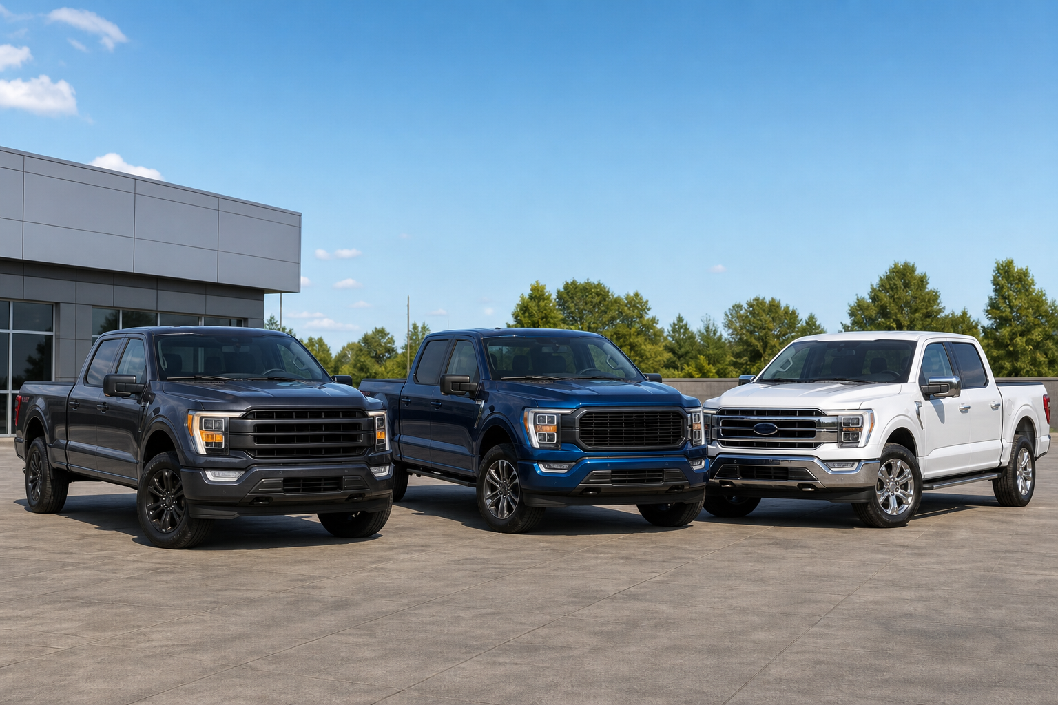 Comparison of different Ford F-150 model years parked side by side