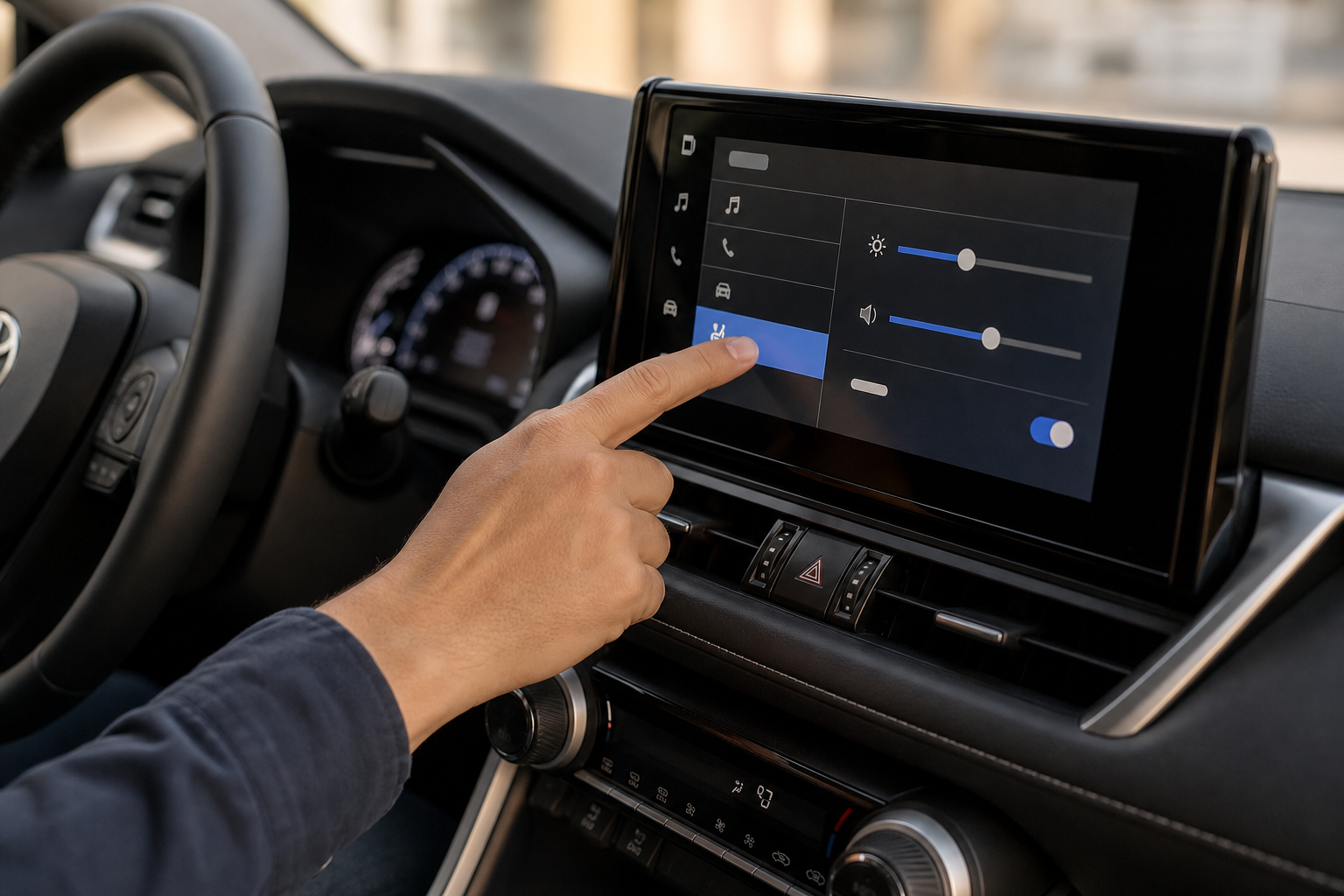 Hand navigating the touchscreen settings menu inside a Toyota RAV4