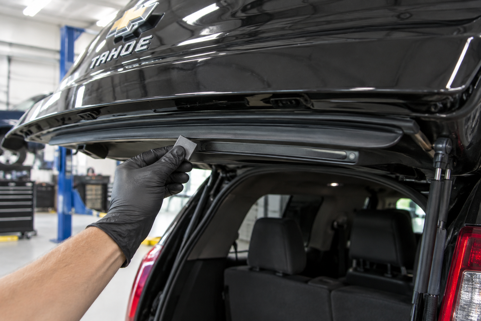 Close-up of Chevy Tahoe liftgate pinch sensor and weatherstrip being tested for obstruction detection