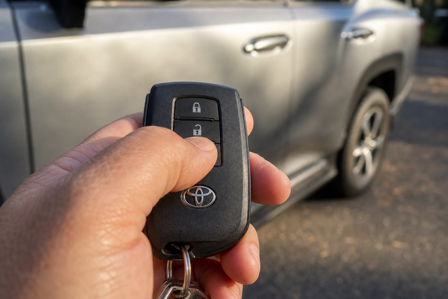 Hand pressing a button on a Toyota key fob near a parked SUV