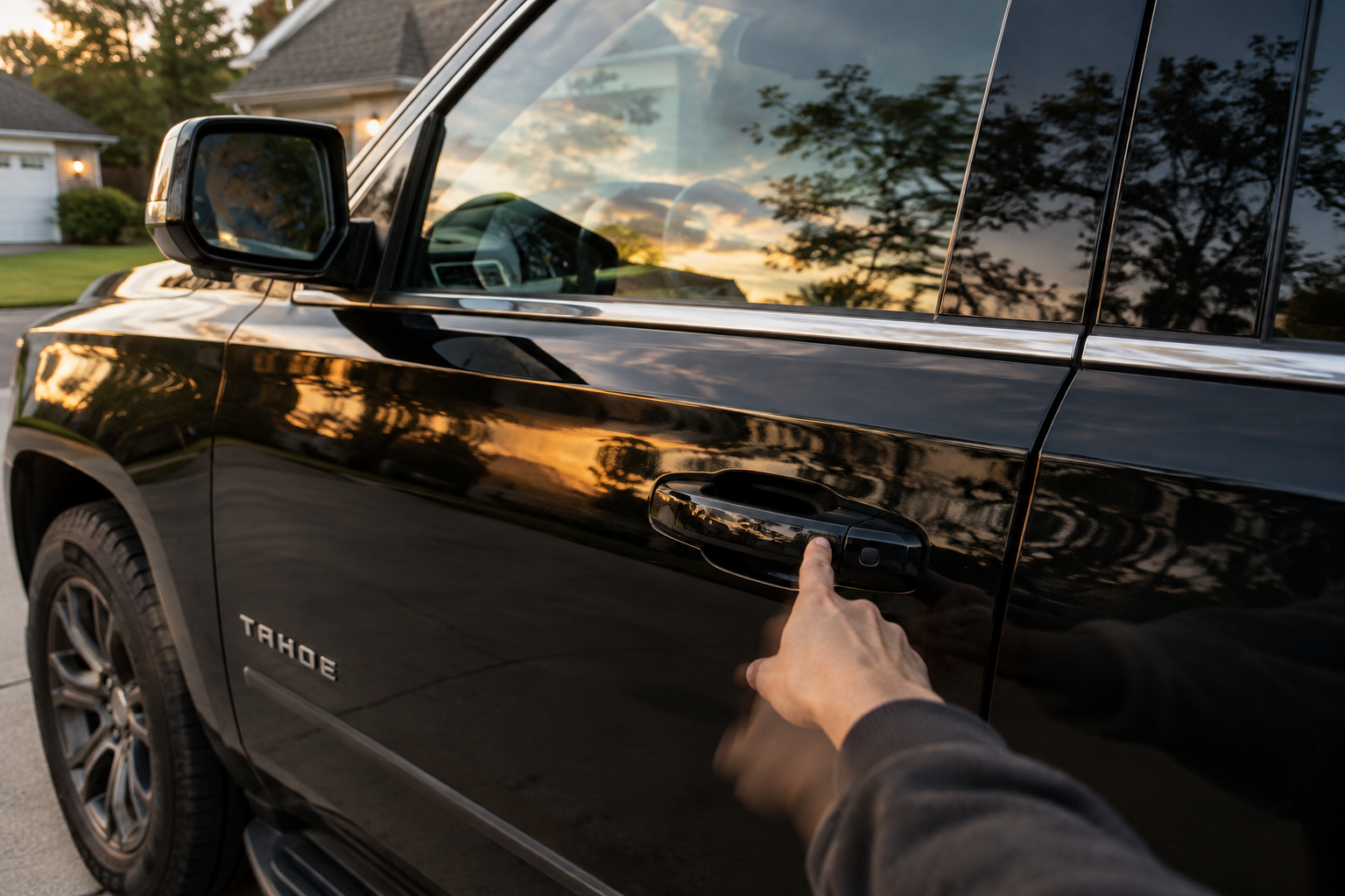 Hand pressing the door handle button on a Chevy Tahoe