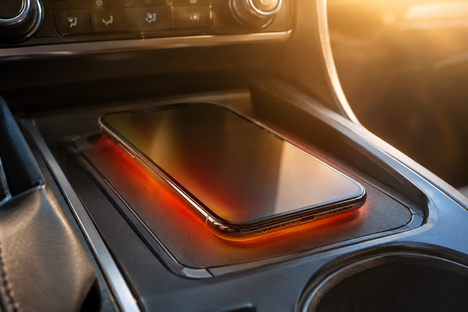 Smartphone on a car wireless charging pad showing signs of heat buildup in warm sunlight