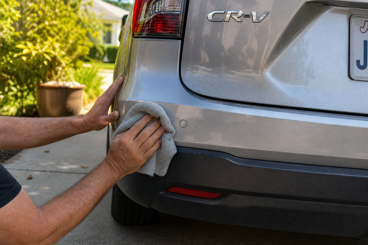 Person cleaning the rear bumper sensor area of a Honda CR-V as part of a basic troubleshooting check