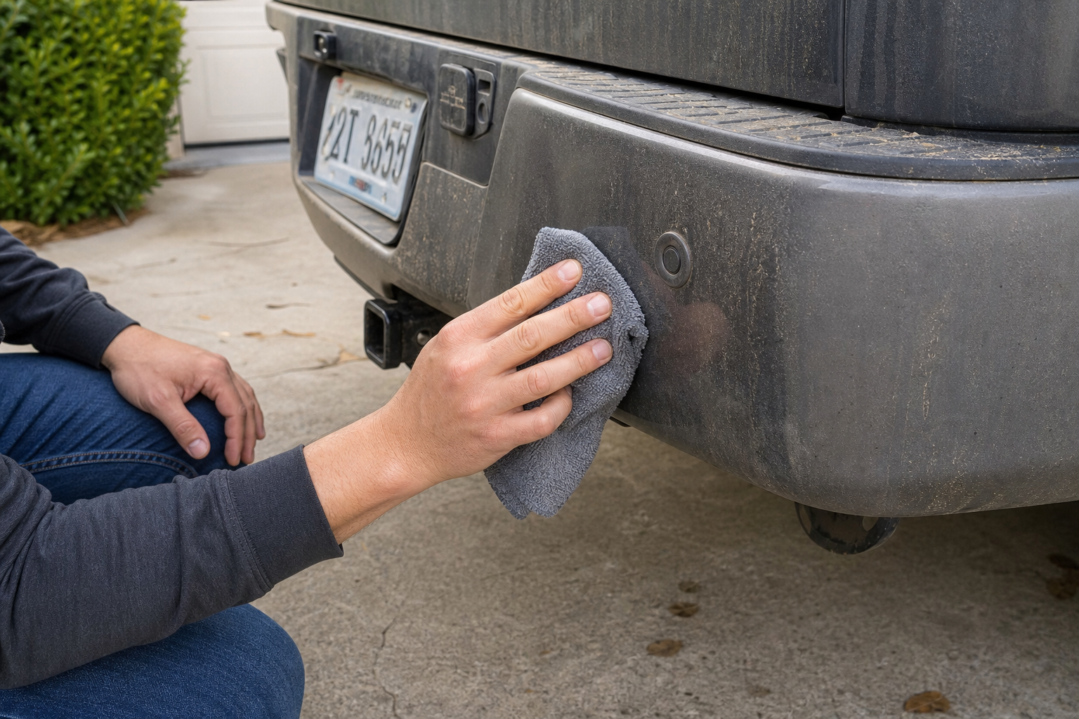 Owner cleaning blind spot sensor area on truck bumper as a basic troubleshooting step