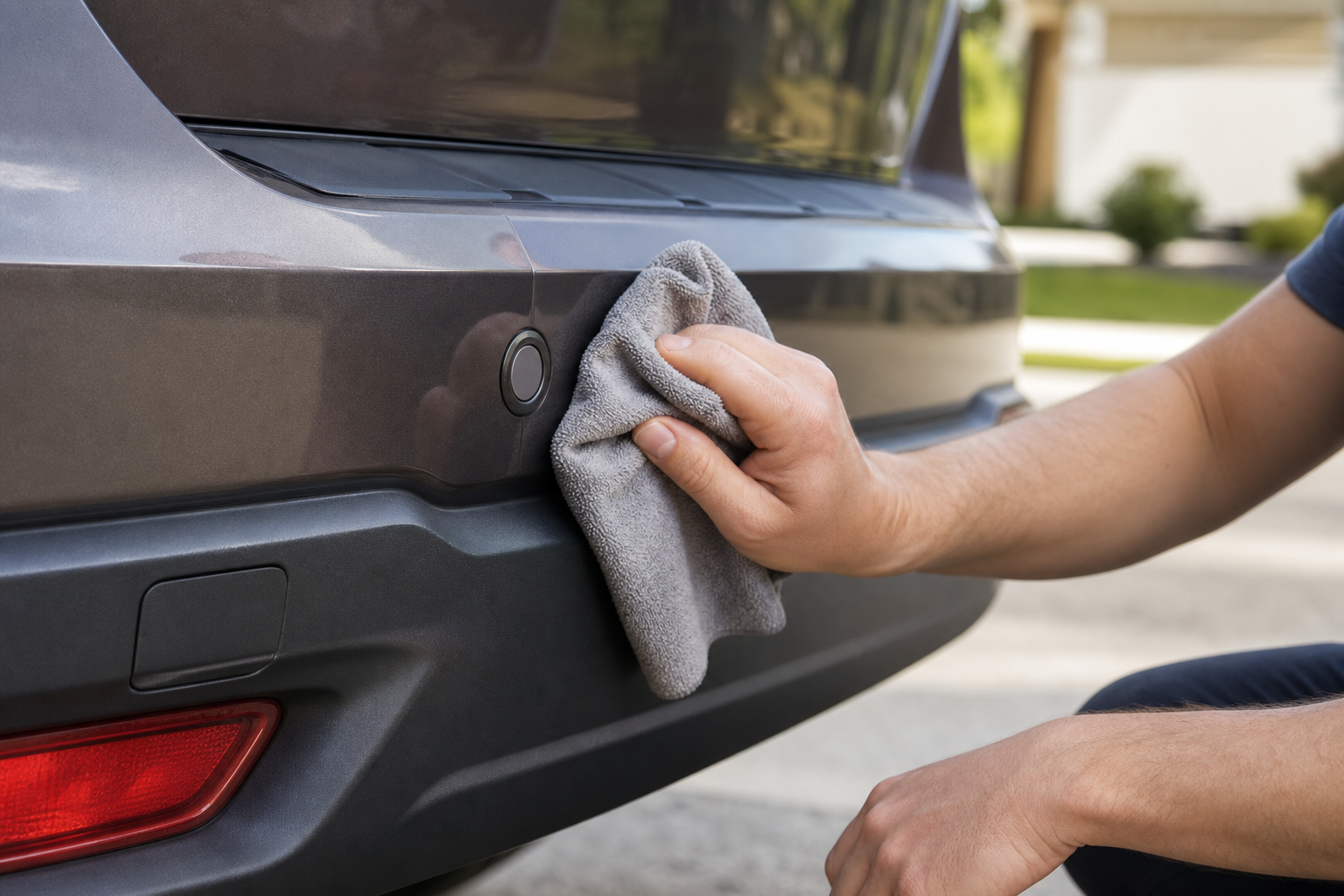 Person cleaning Subaru Outback rear sensor area as a basic troubleshooting step