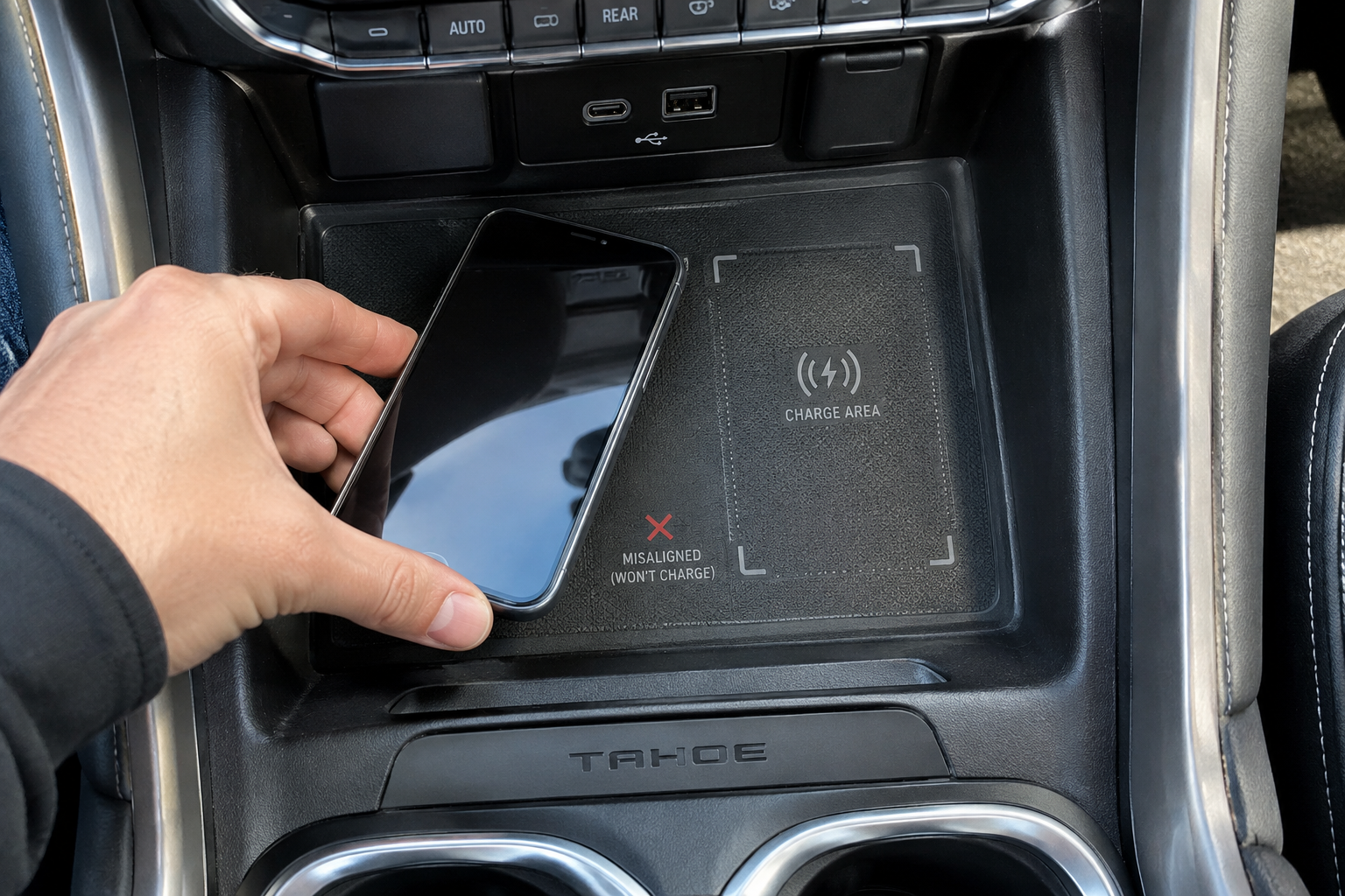 Hand placing a smartphone on a car wireless charging pad, showing alignment position
