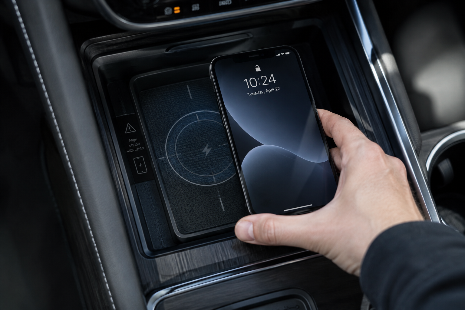 Smartphone being aligned correctly on a car's wireless charging tray