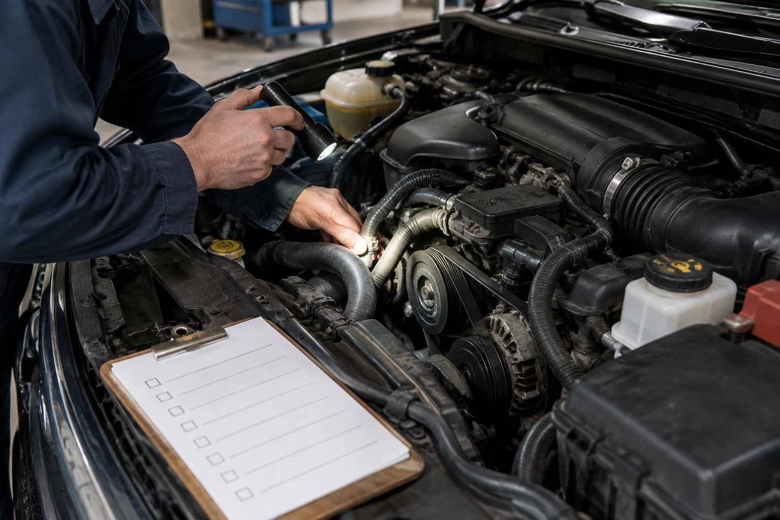 Mechanic inspecting the engine bay of a used SUV during a pre-purchase check
