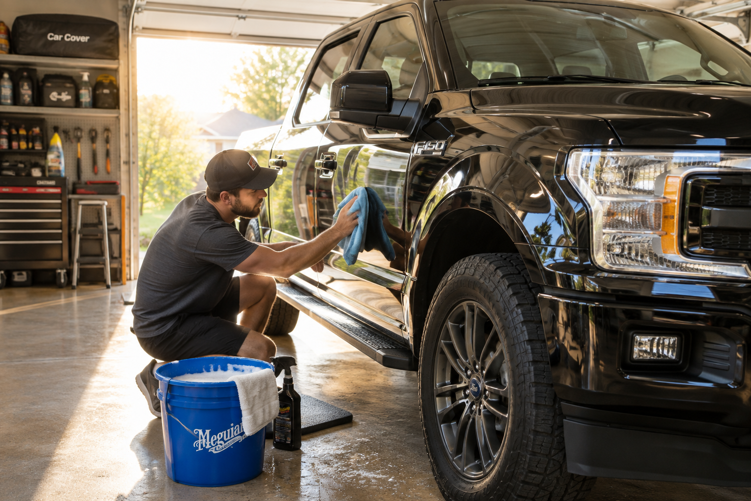 Owner carefully washing and detailing a pickup truck in a garage