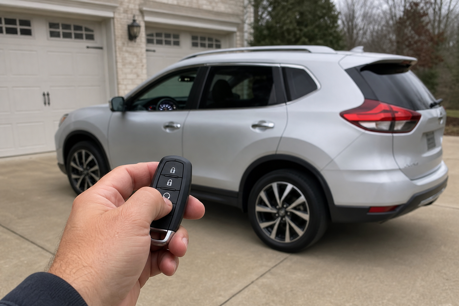 Person pressing remote start button on key fob near a Nissan Rogue