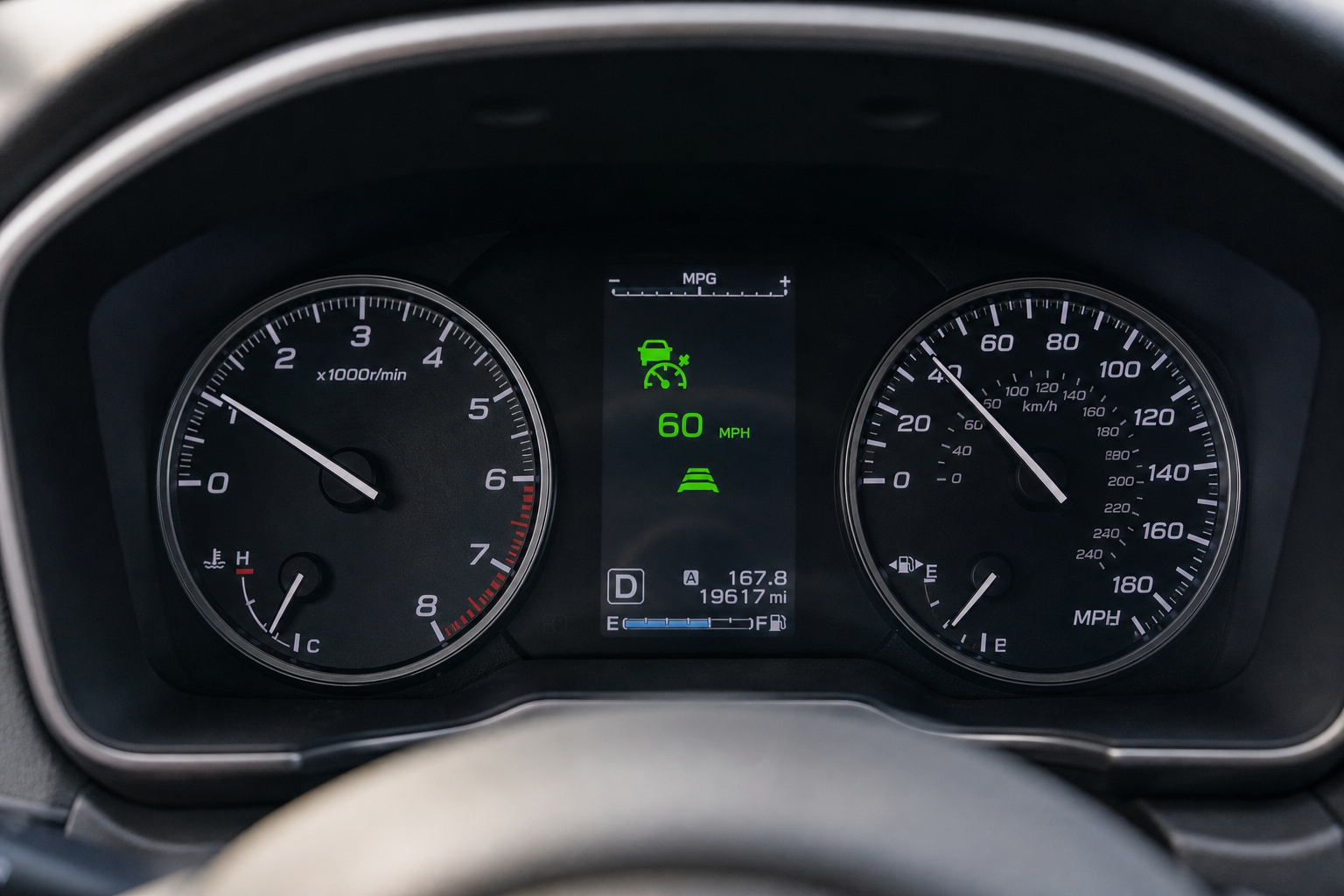 Subaru Outback dashboard showing cruise control indicator icon
