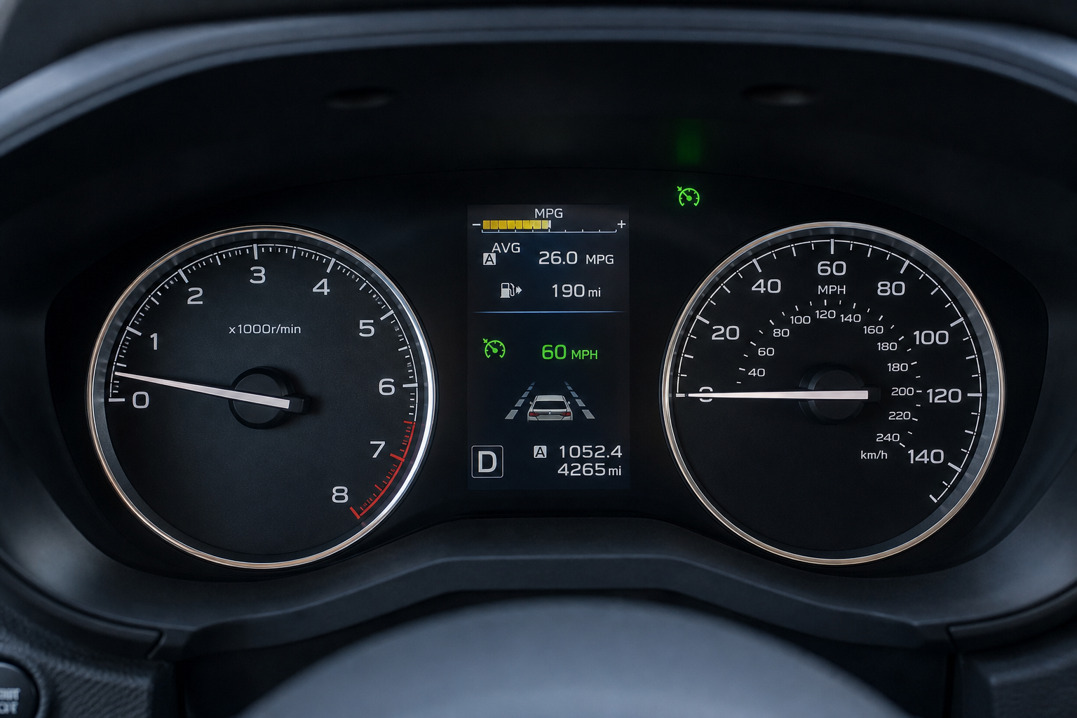 Subaru Forester dashboard instrument cluster showing the cruise control indicator icon
