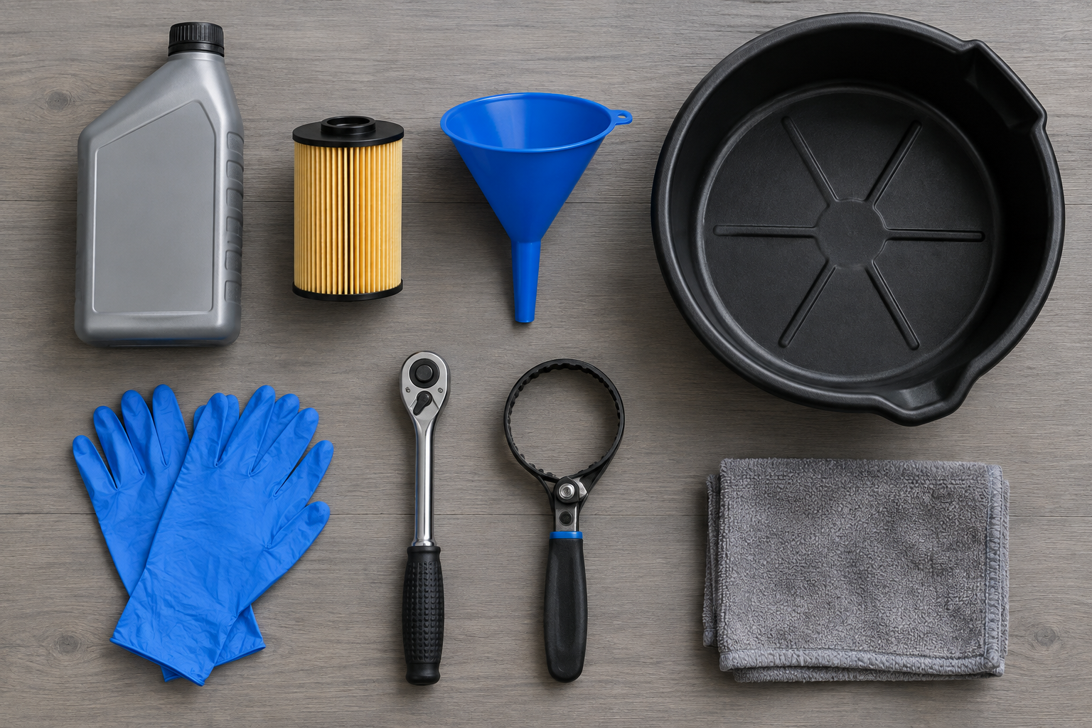 Flat lay of essential DIY oil change supplies and tools on a workbench