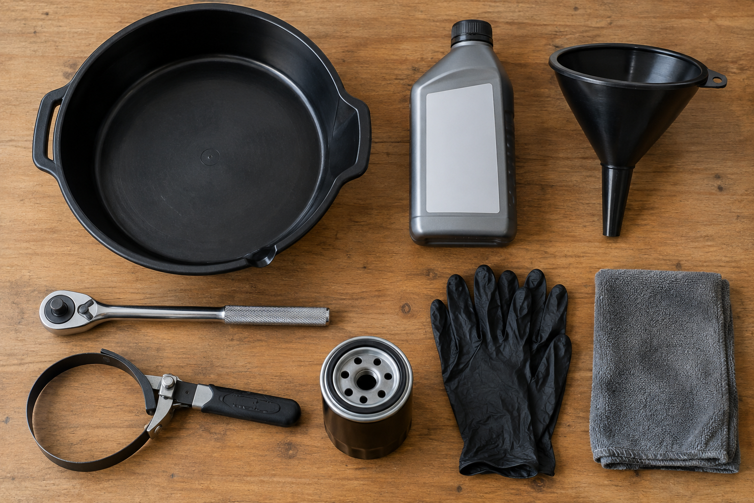 Flat-lay of essential tools and supplies for a DIY oil change