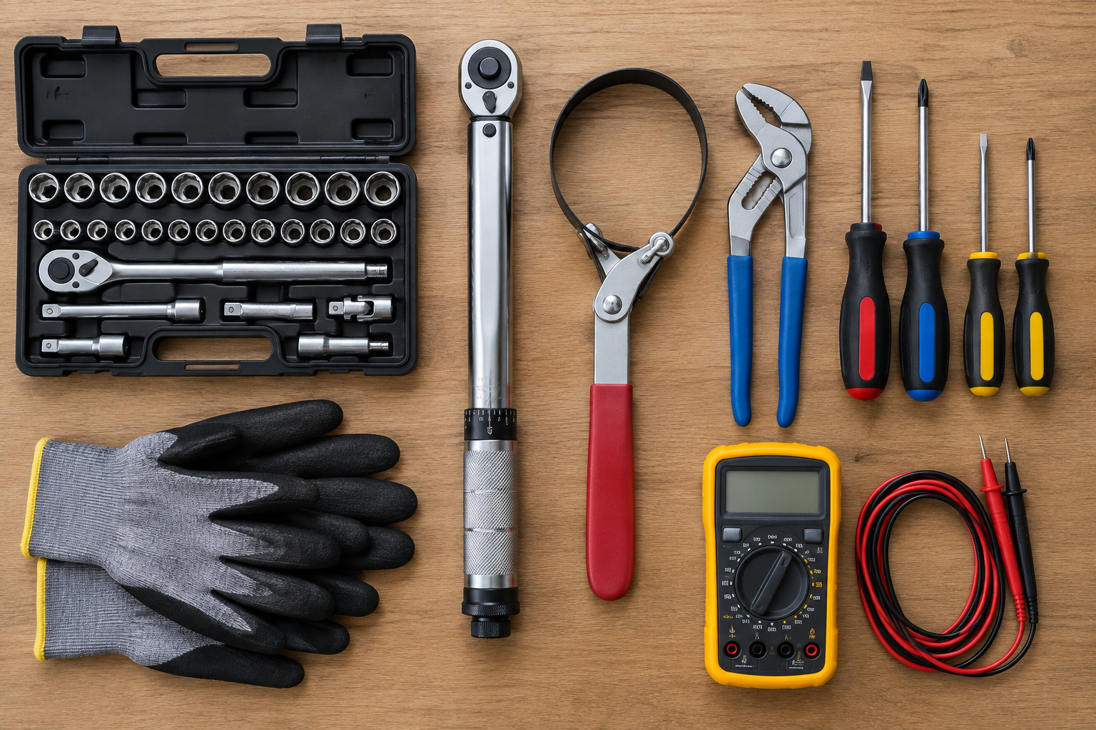 Flat-lay of essential hand tools used for DIY truck maintenance