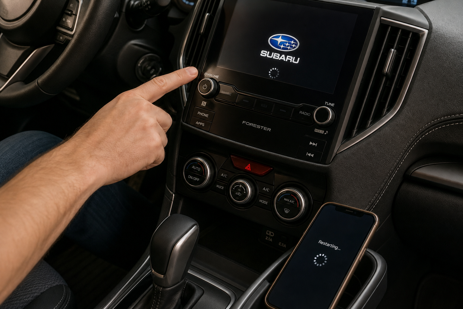 Hand restarting Subaru Forester infotainment system with smartphone showing restart screen nearby
