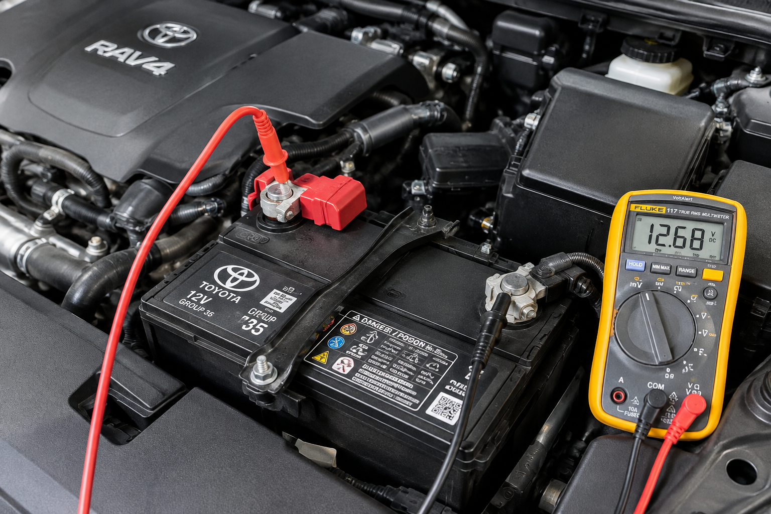 Multimeter testing the 12V battery voltage in a Toyota RAV4 engine bay