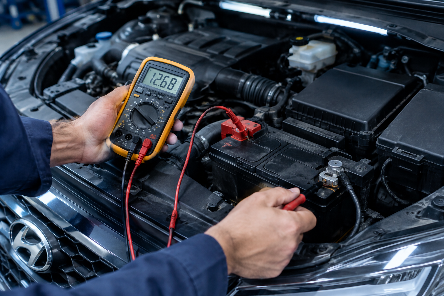 Mechanic testing car battery voltage with a multimeter under the hood