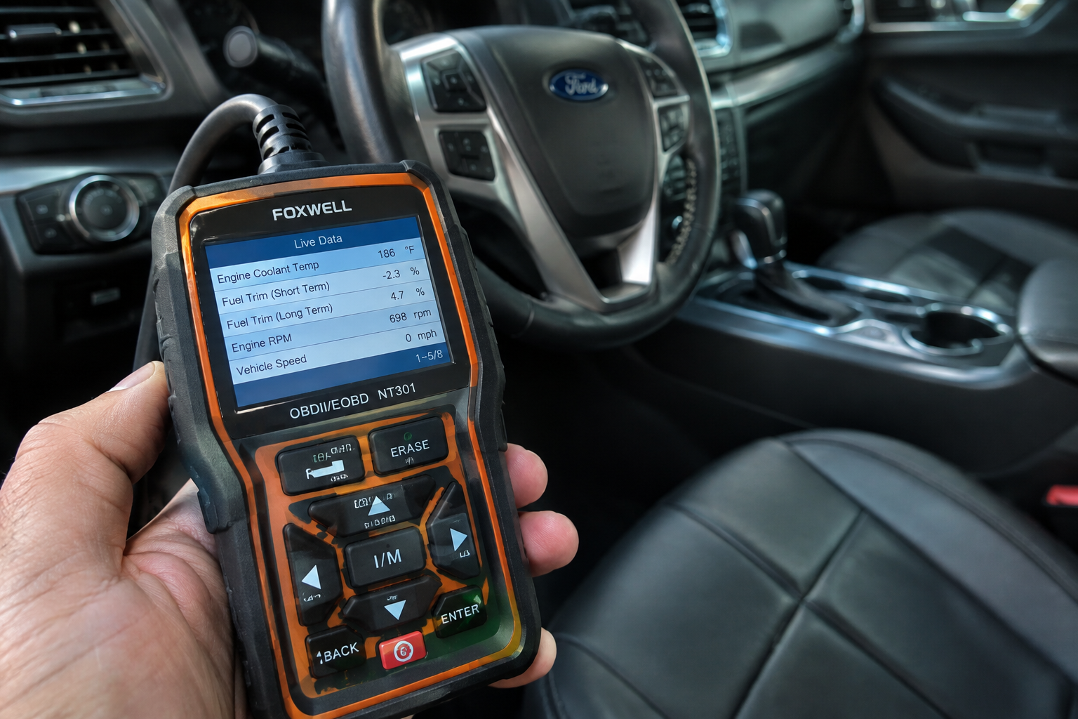 Technician using diagnostic scanner to check Ford Explorer seat memory hardware
