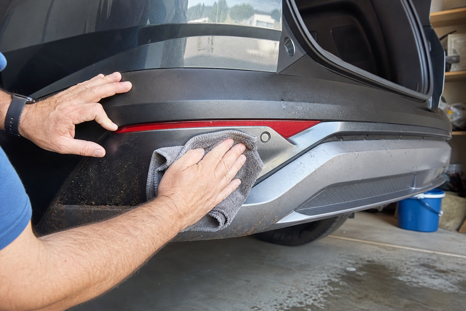 Person cleaning dirt off Hyundai Tucson rear bumper near sensor area