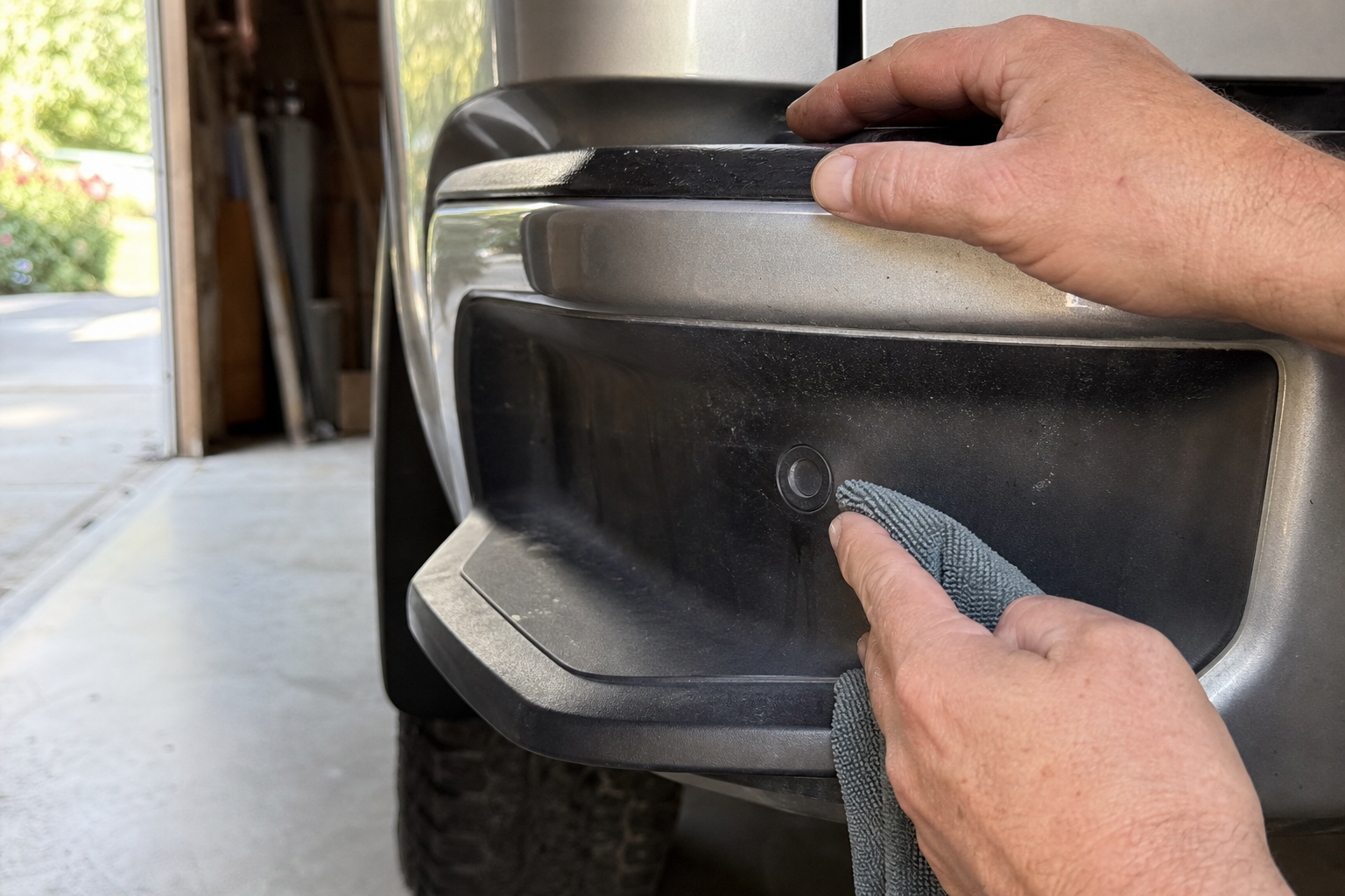 Person cleaning a blind spot sensor on the rear bumper of a Chevy Silverado