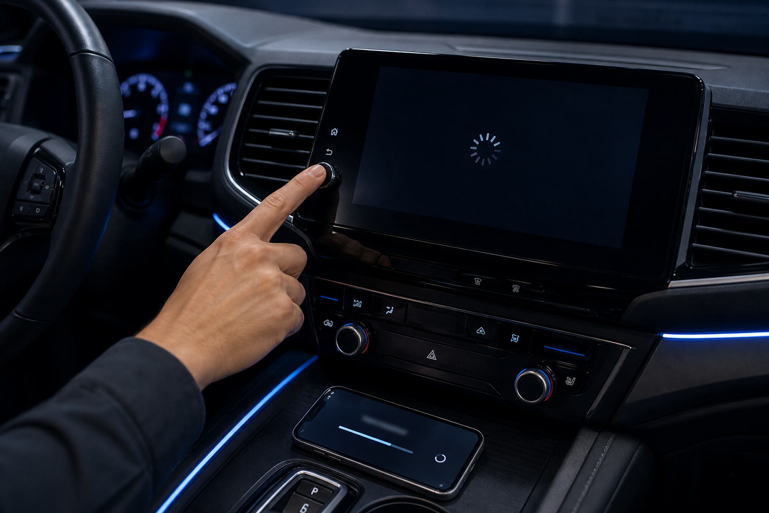Hand restarting the Honda Pilot infotainment system with an iPhone showing a software update