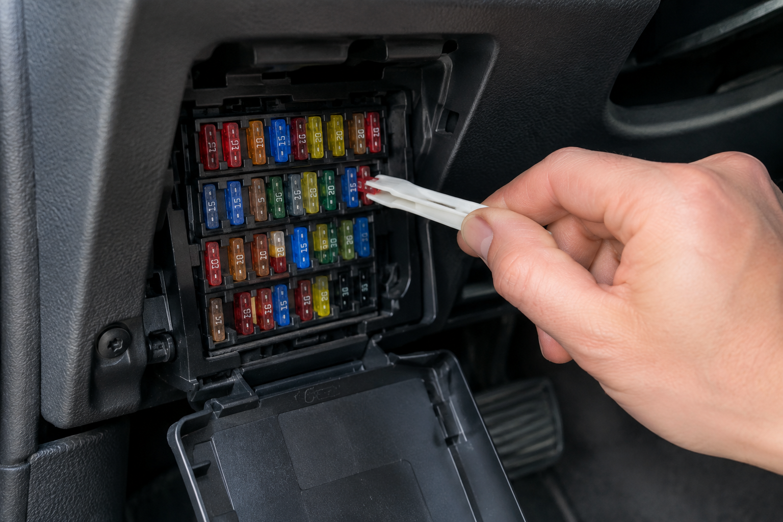 Close-up of a car fuse box being inspected for a power liftgate issue