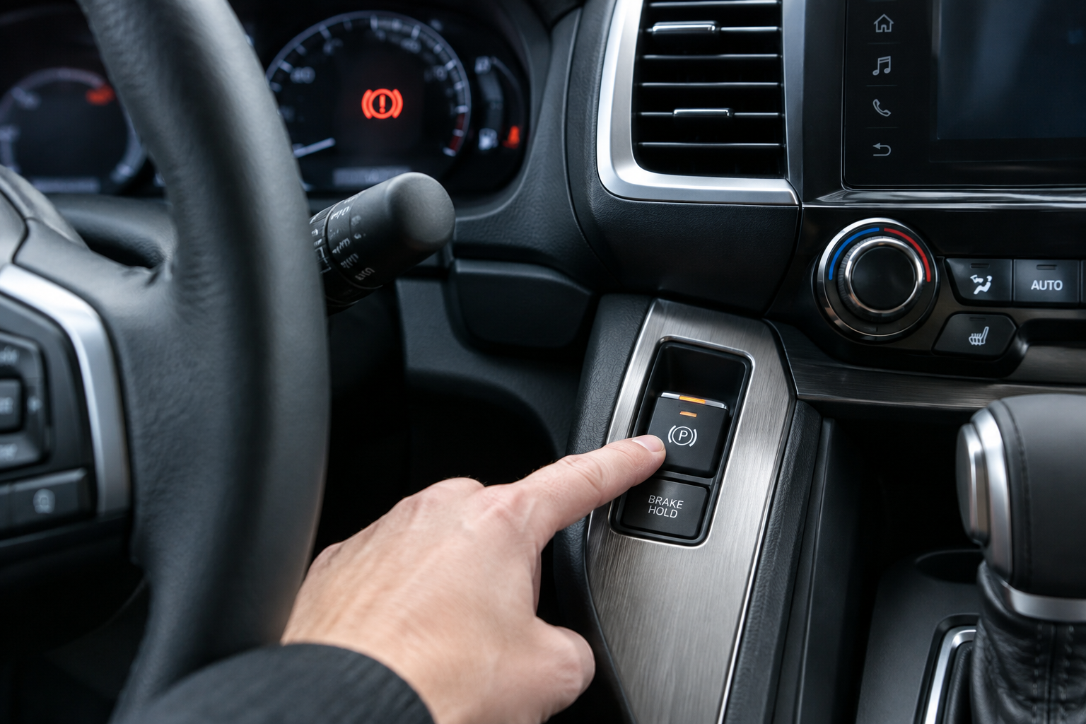 Hand pressing the electronic parking brake switch inside a Honda Pilot