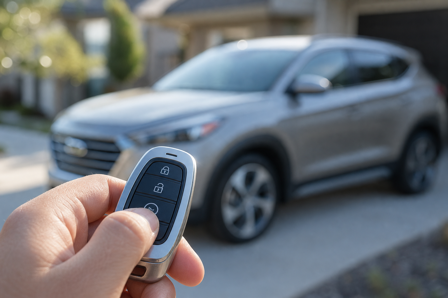 Hand pressing remote start button on Hyundai Tucson key fob outside the vehicle