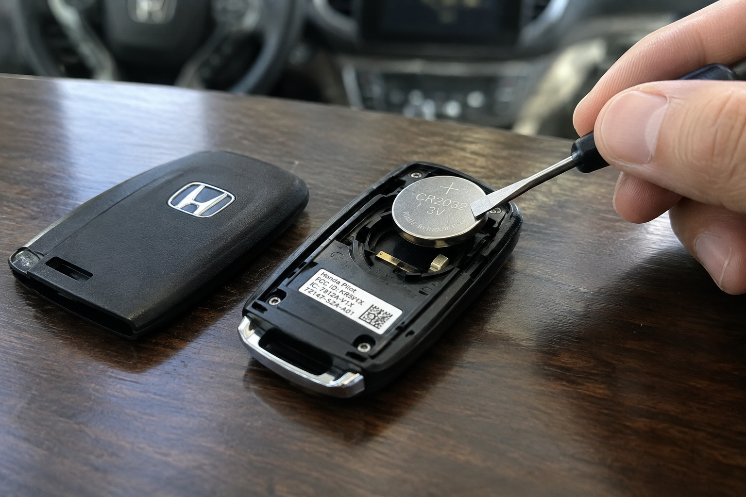 Close-up of a Honda Pilot key fob with battery cover open, replacing the coin cell battery