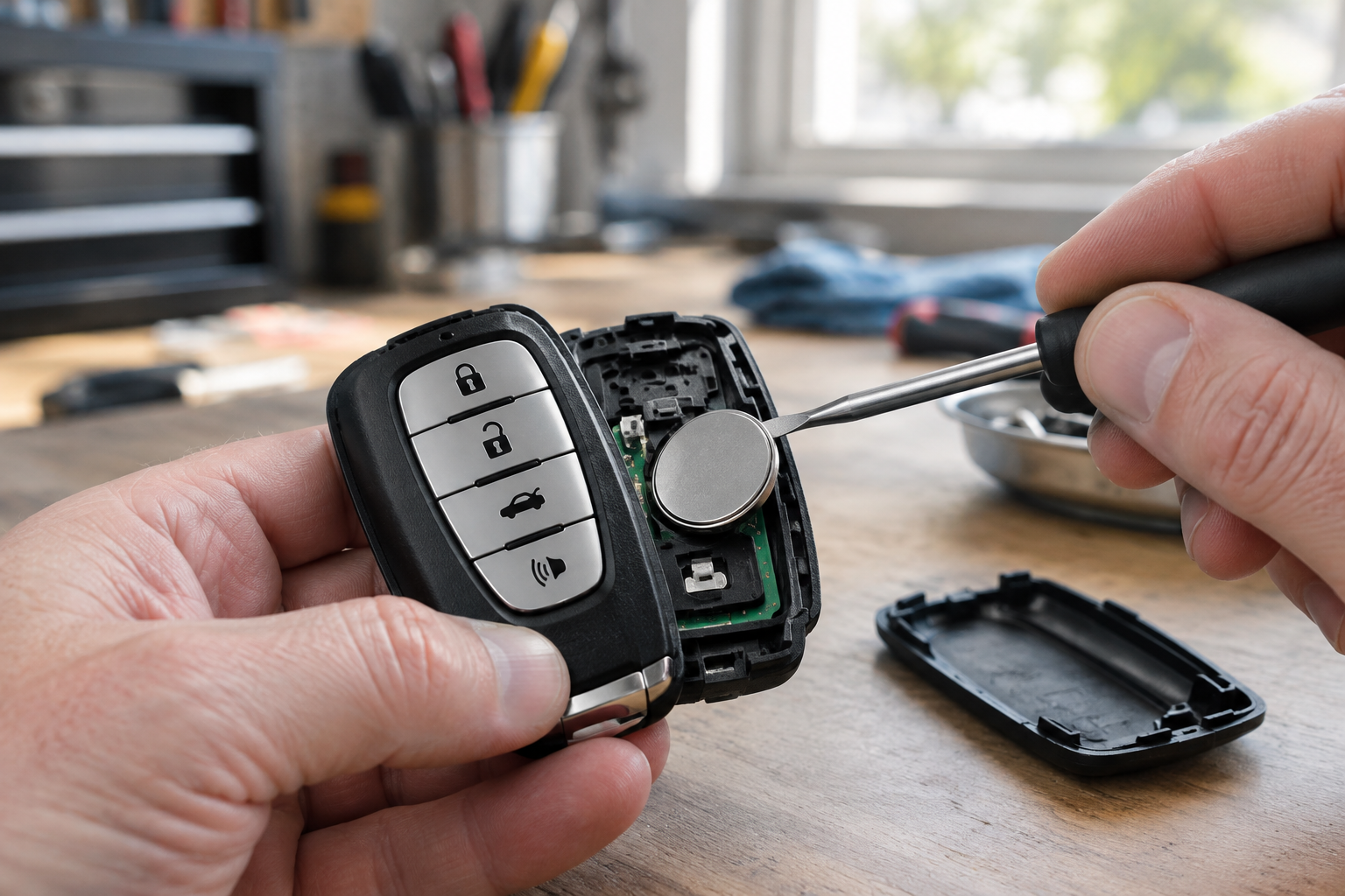 Hand replacing the battery inside a GMC Yukon key fob