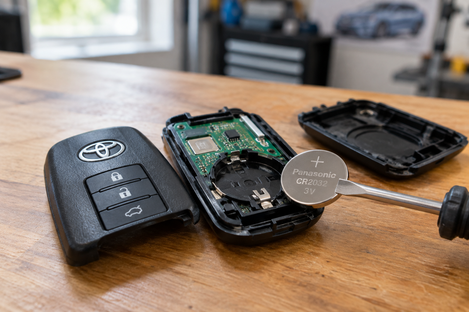 Close-up of a Toyota RAV4 key fob opened to replace the battery