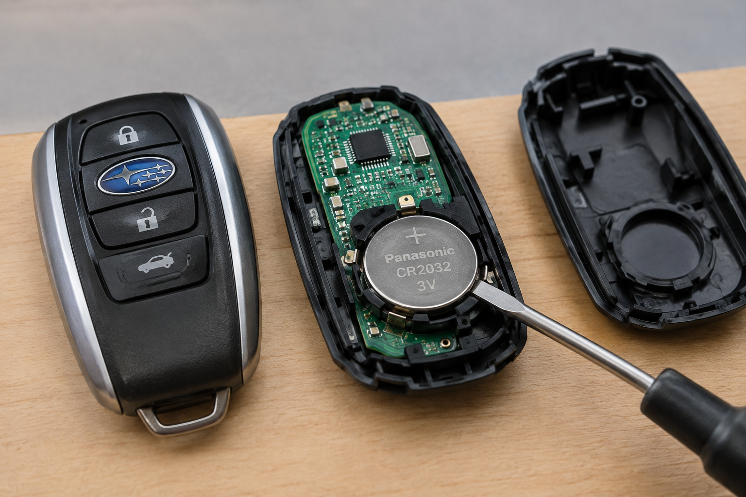 Close-up of a Subaru key fob opened to reveal and replace its coin cell battery