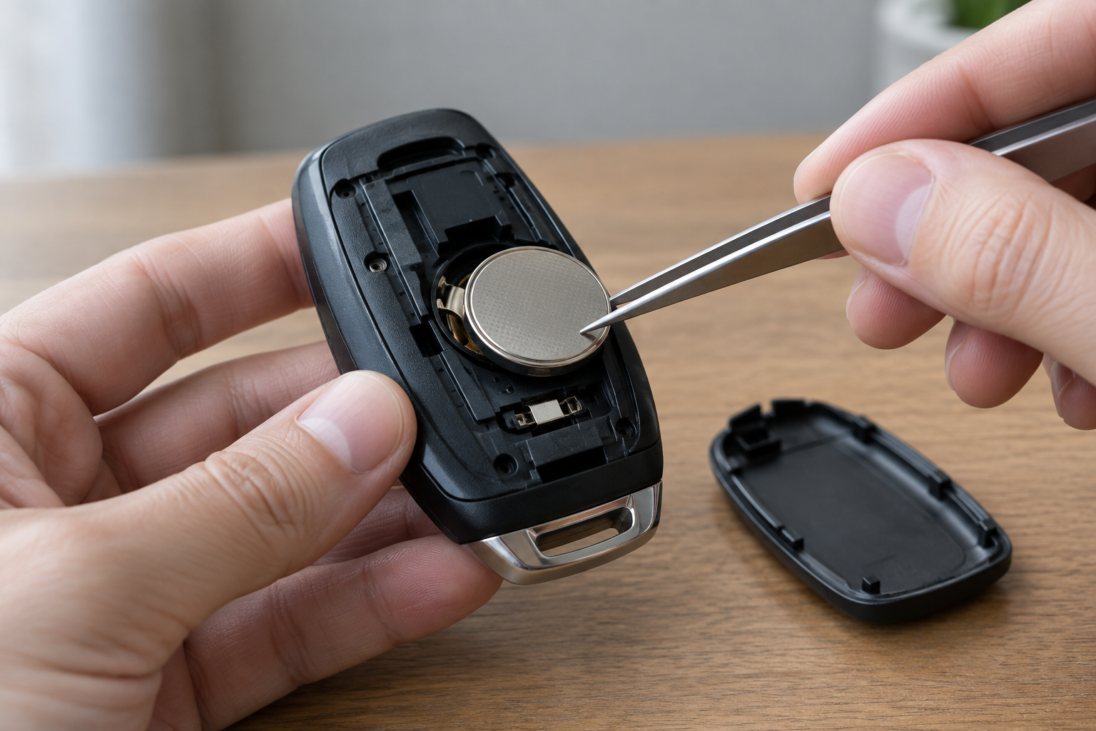 Hands removing the coin battery from a Hyundai Tucson key fob