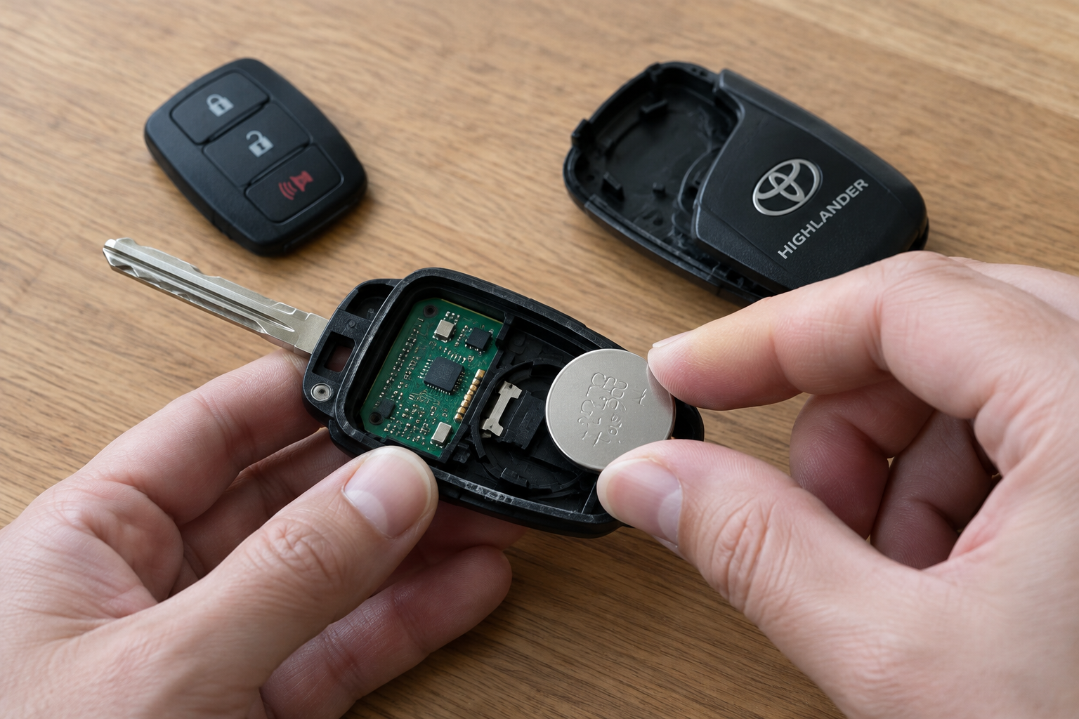 Hands replacing the coin cell battery inside a Toyota Highlander key fob