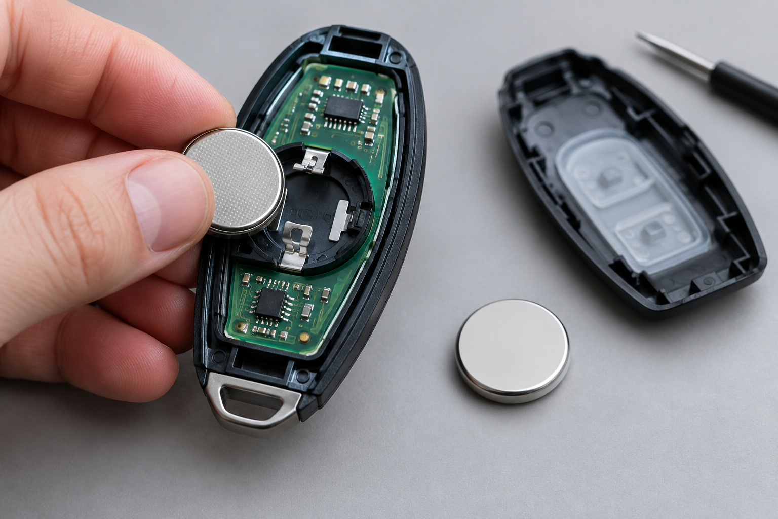 Hand replacing the coin-cell battery inside a Nissan key fob