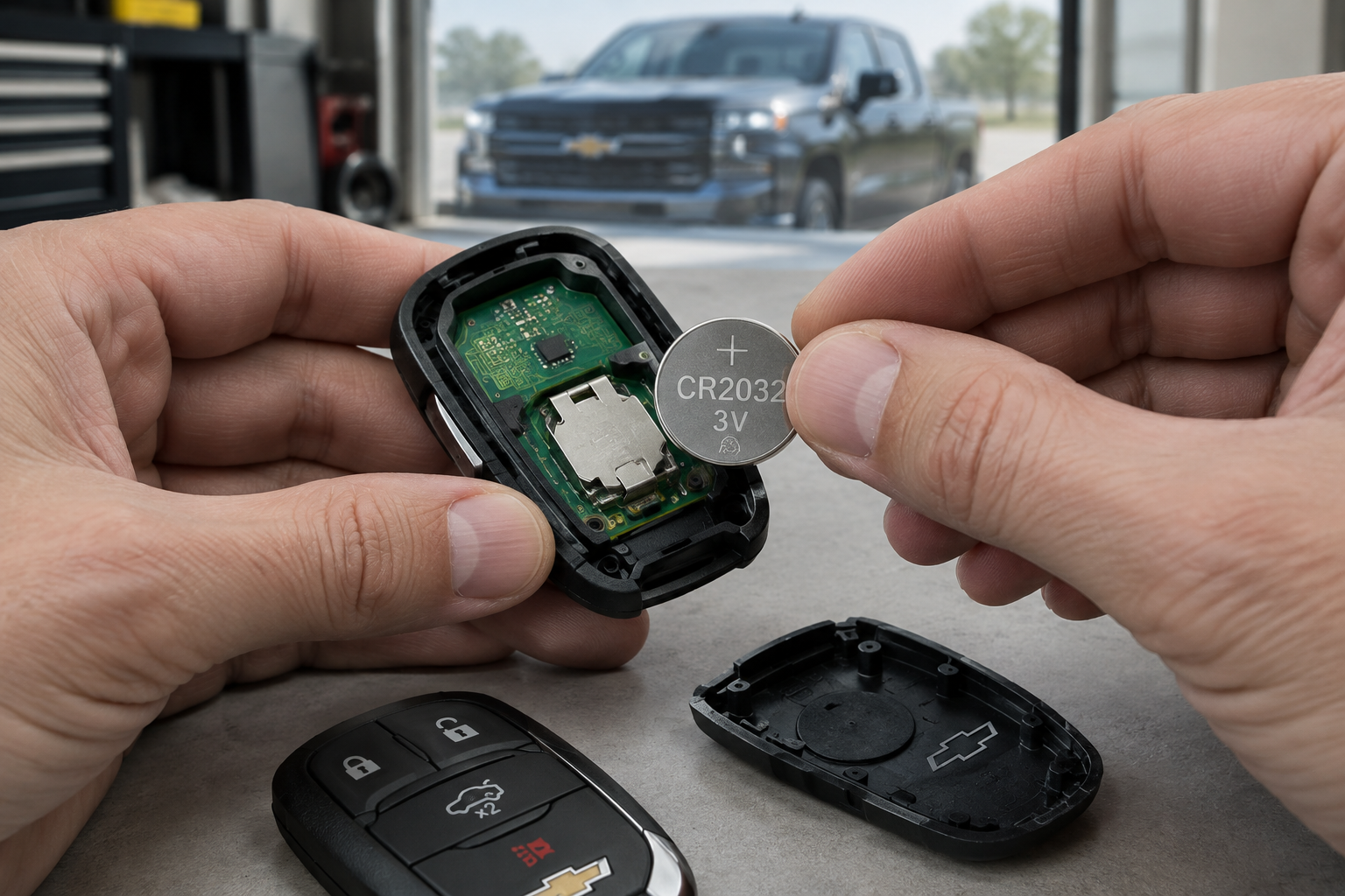 Hands replacing the battery inside a Chevy Silverado key fob