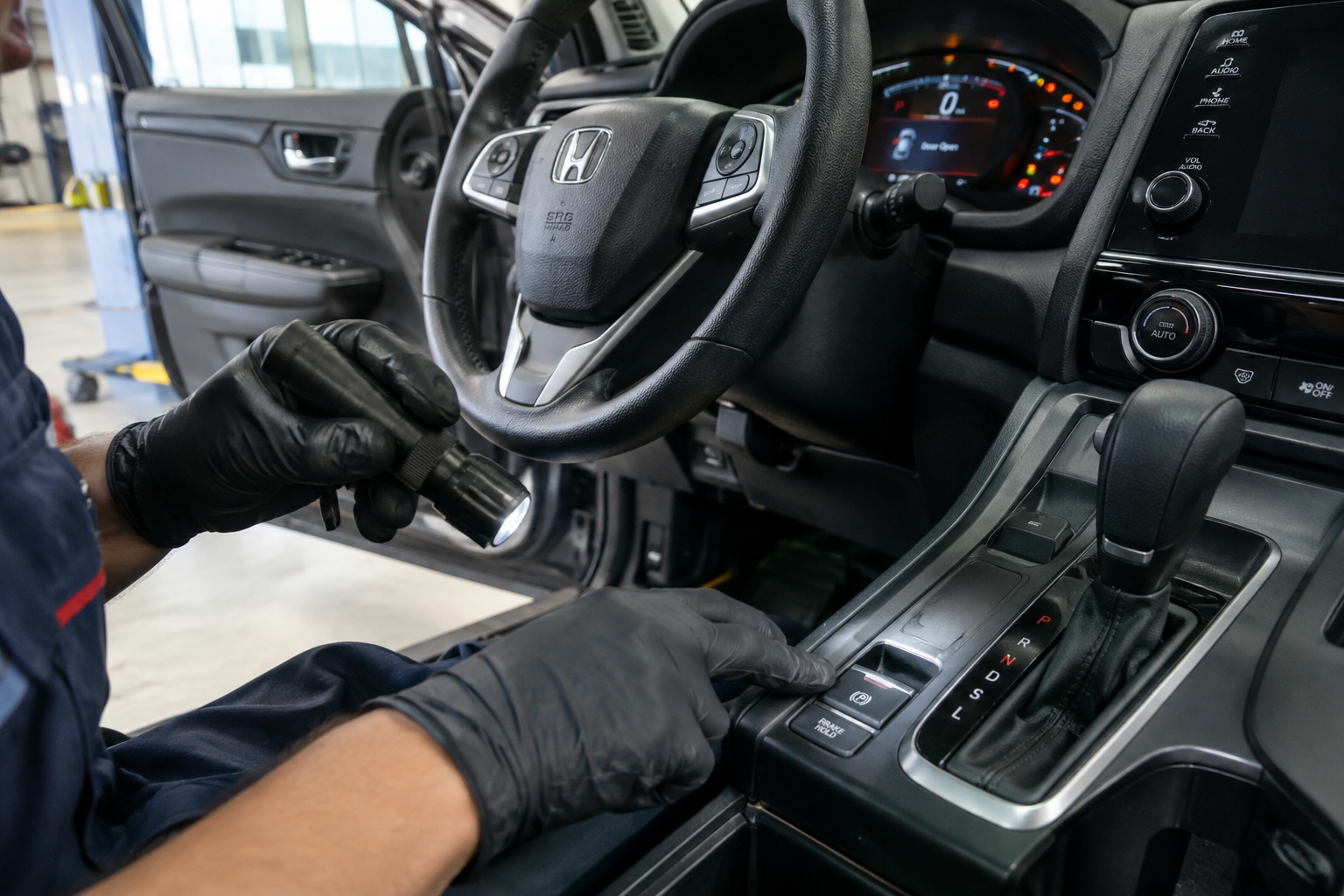 Mechanic checking the electronic parking brake switch inside a Honda CR-V