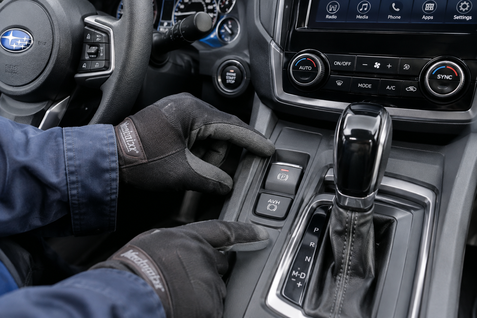 Mechanic inspecting the electronic parking brake switch inside a Subaru Forester