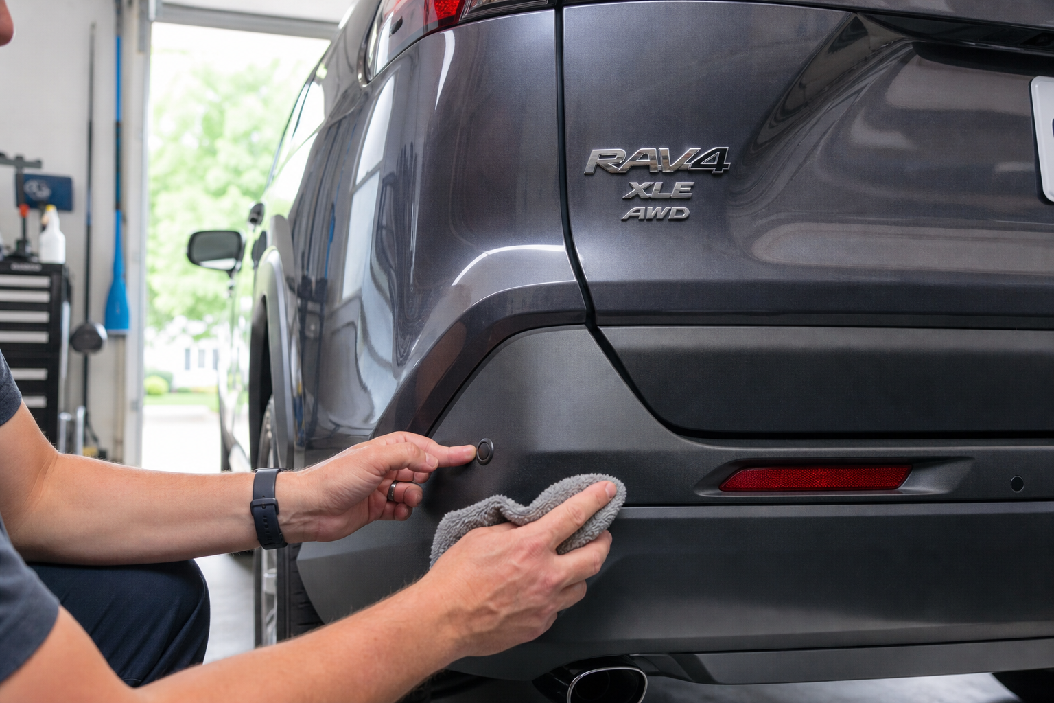 Person inspecting and cleaning the rear bumper sensor on a Toyota RAV4