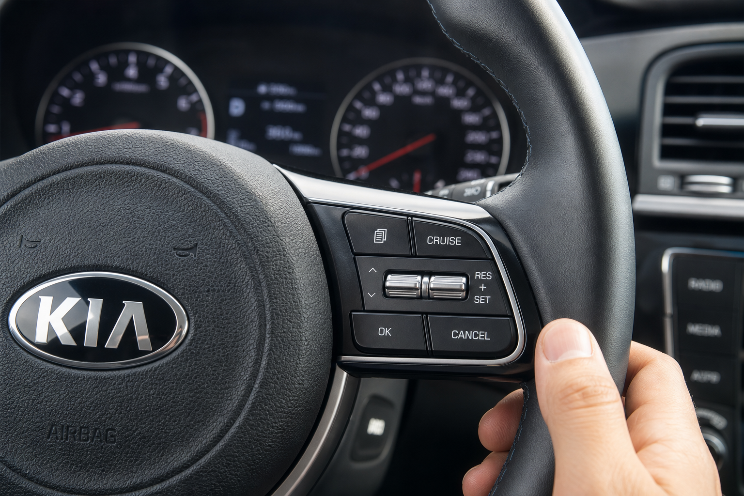 Close-up of Kia Sportage steering wheel showing cruise control buttons