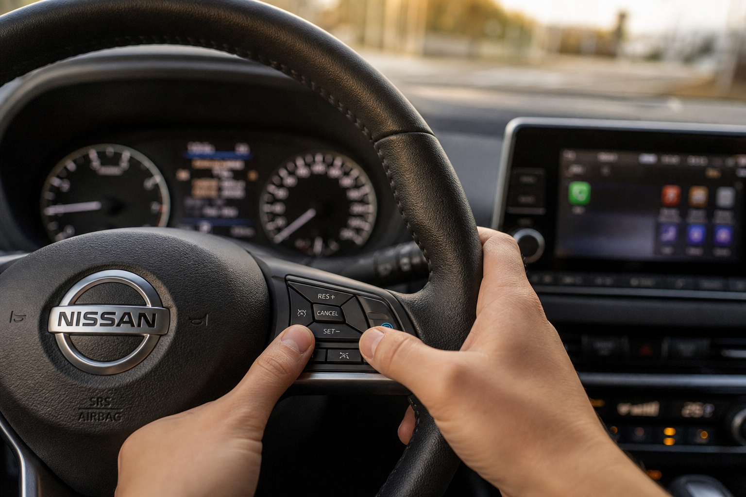 Driver's hands operating steering wheel cruise control buttons in a Nissan Rogue