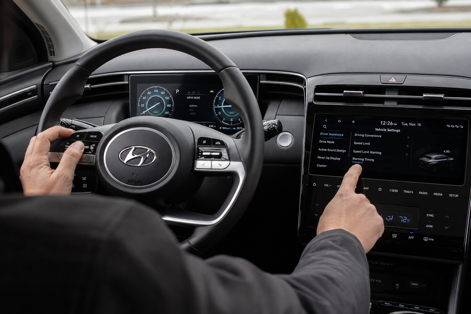 Driver adjusting steering wheel controls and touchscreen to disable automatic high beams