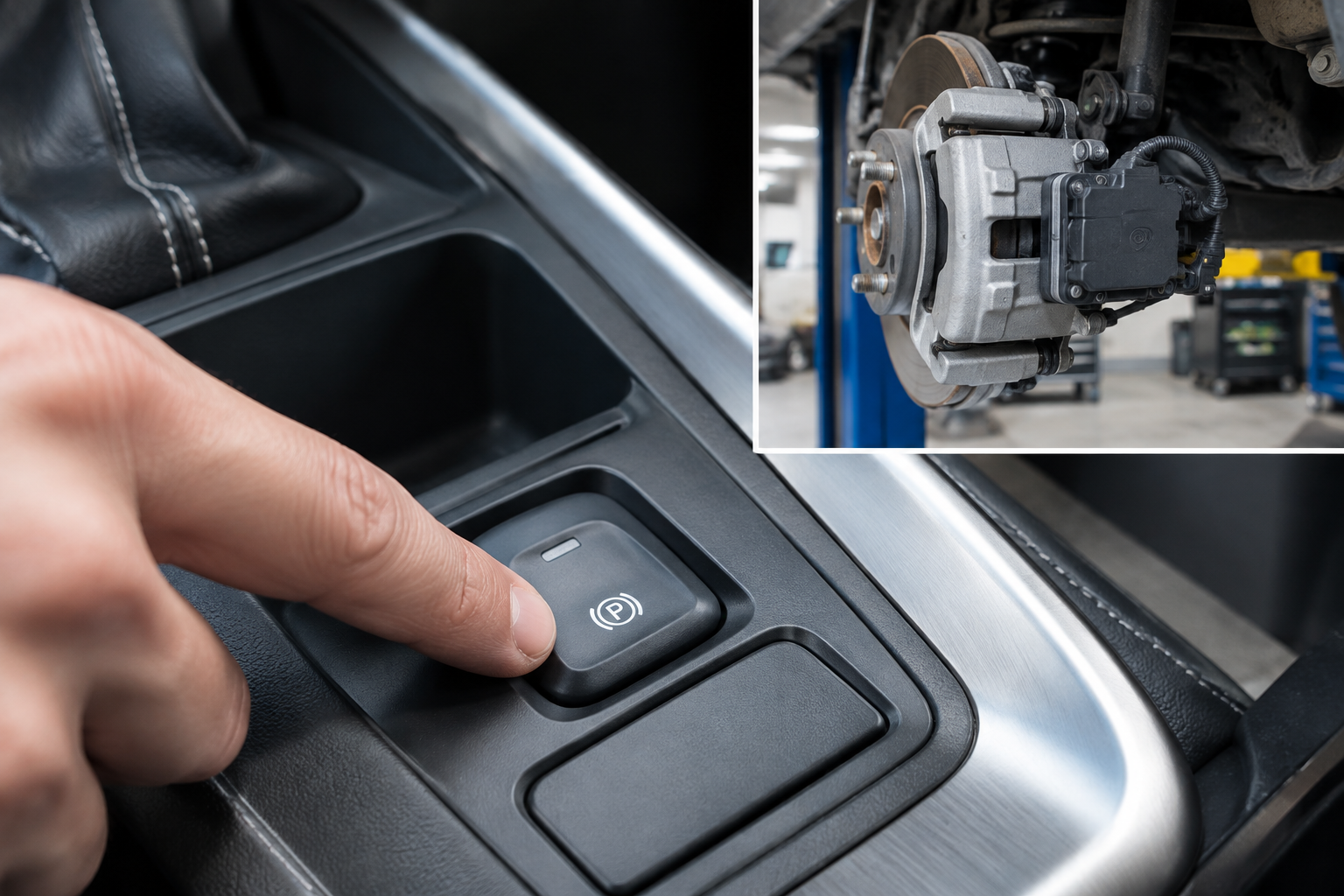 Close-up of electronic parking brake switch inside a Toyota RAV4 with caliper actuator in background