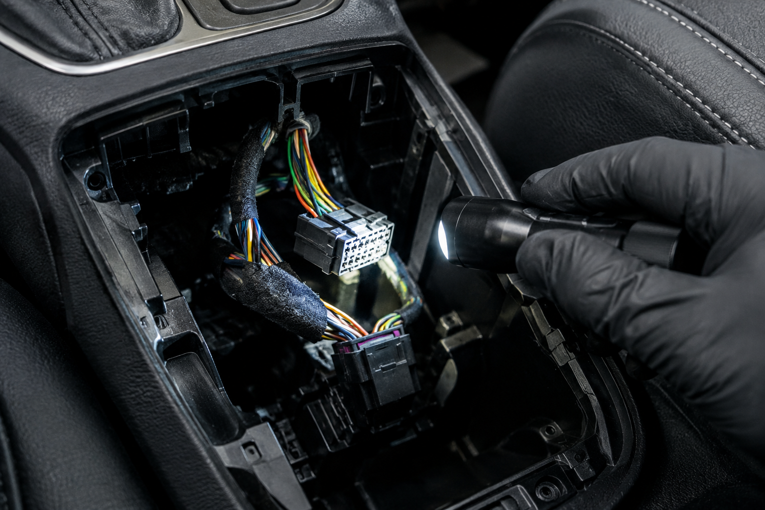 Mechanic inspecting parking brake switch wiring and connectors